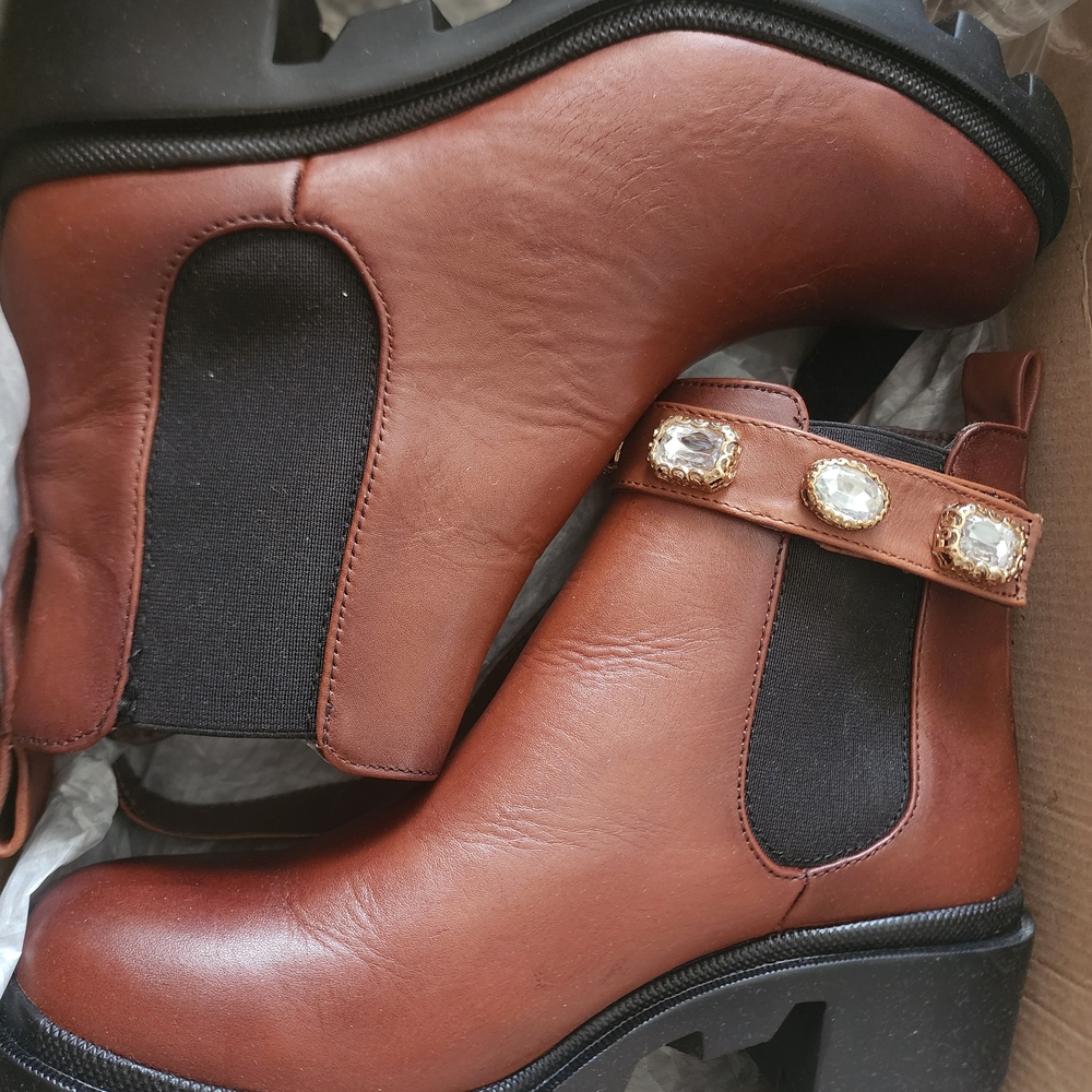 Steve Madden Brown Leather Ankle Boots with Jeweled Strap
